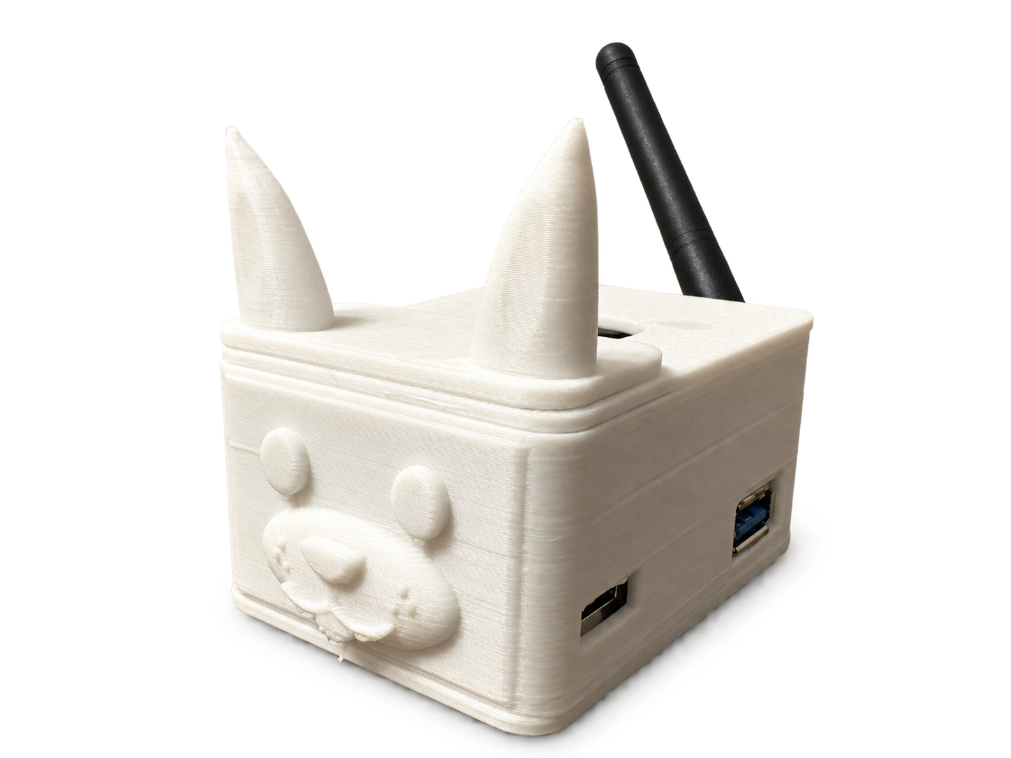 The actual white 3D-printed ScreenPup Home prototype with puppy ears, a friendly face, and a wireless antenna